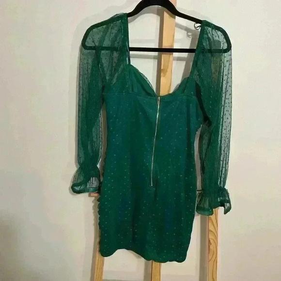 Haute Monde, Mini dress Green, Ruched Mesh Long Sleeve, Size Large - Picture 5 of 11